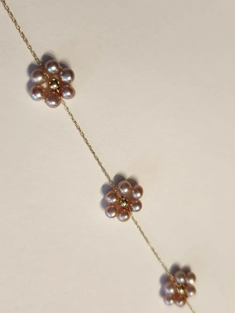 14K Solid Gold Chain Delicate Pink Real Freshwater Pearl Flower Bracelet